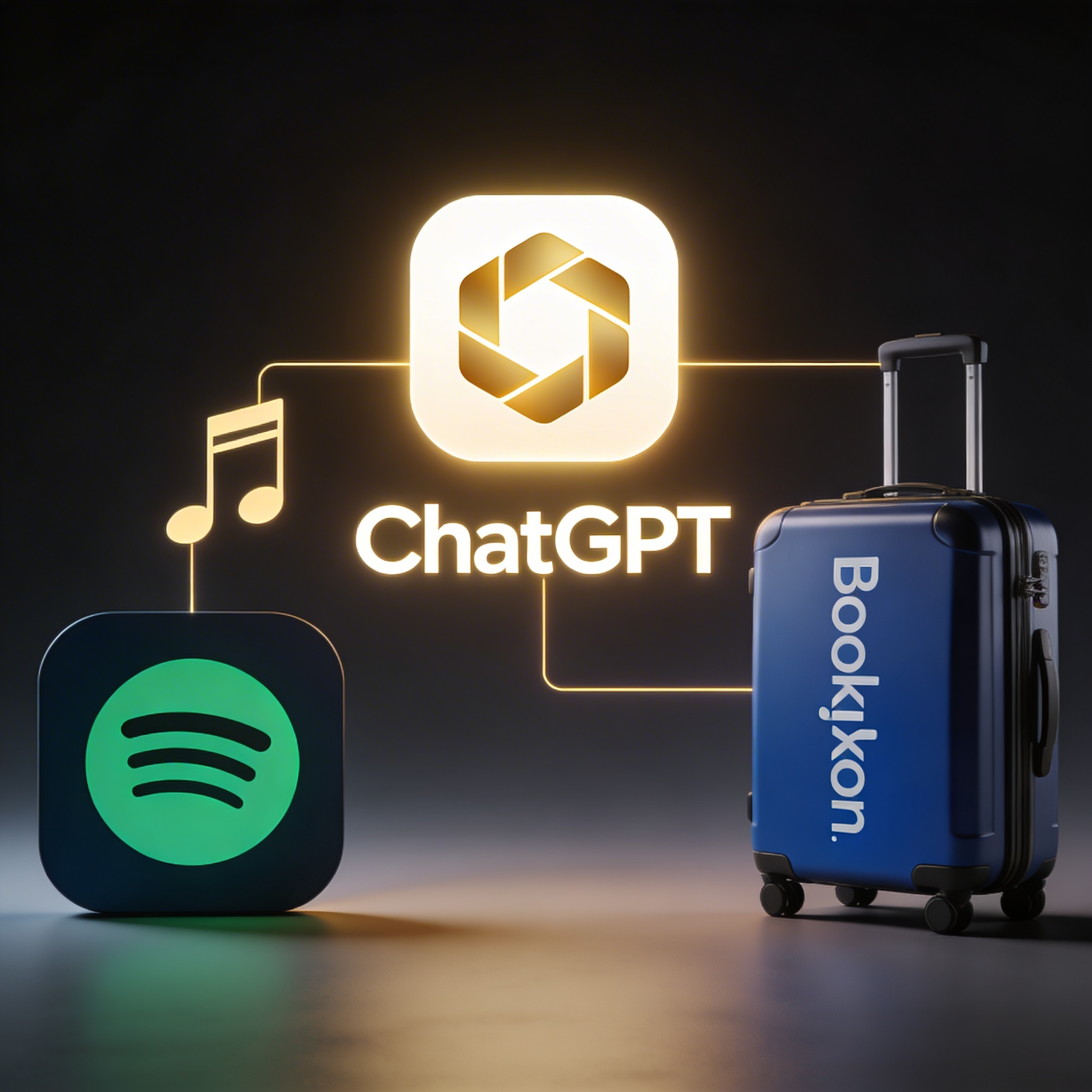 Stylized AI interacting with app icons like Spotify, conveying a playful, connected digital experience.