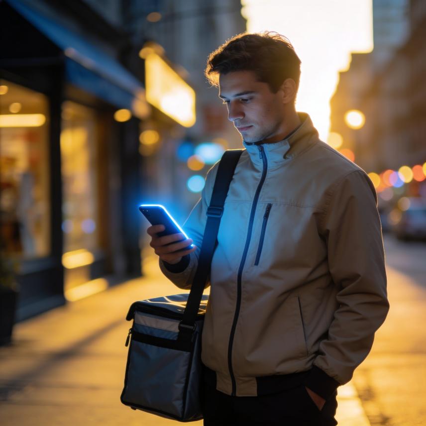 Playful humanoid interacting with abstract data shapes on a vibrant digital interface with neon accents