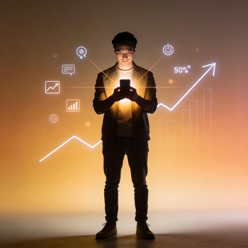 Digital landscape with 3D figures interacting with growth icon and UI elements, symbolizing expanded reach and guaranteed payments.