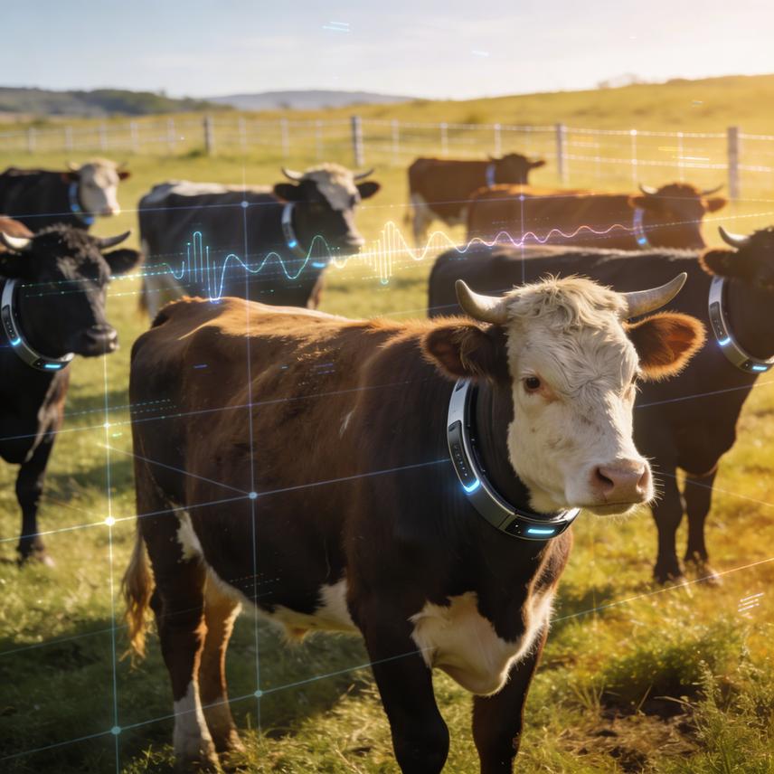 3D rural farm tech with figures using virtual fences and health monitoring technology