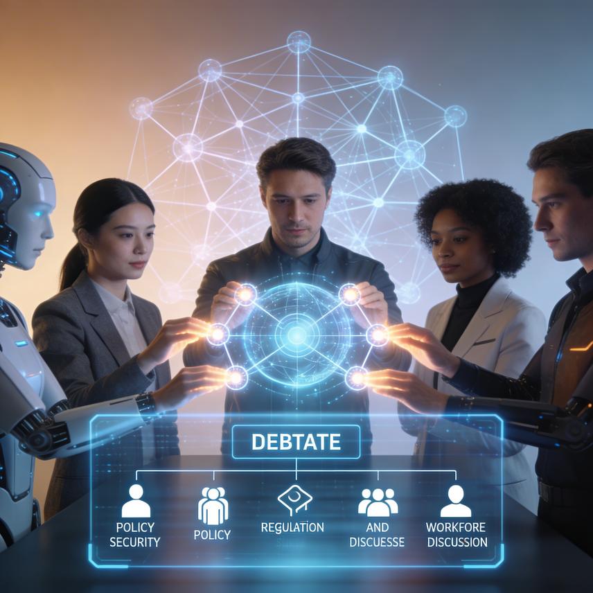 Dynamic AI advancements and policy discussions in 2026, with stylized figures interacting with glowing AI models and policy orbs.
