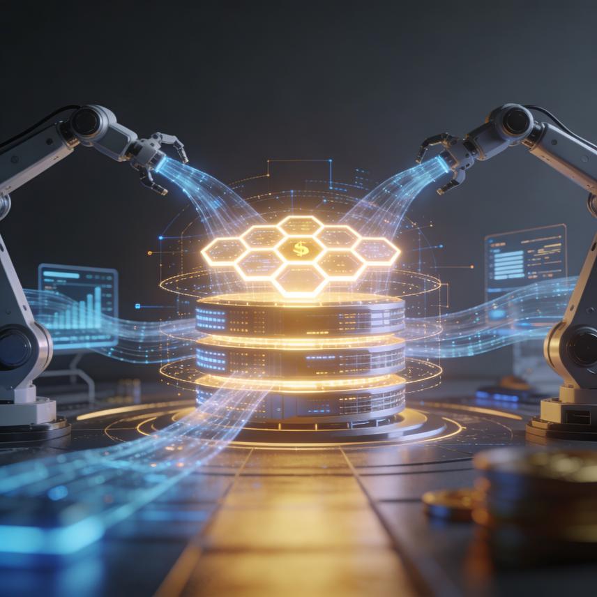 Humanoid figures interacting with glowing tech for infrastructure, vertical SaaS, and action systems