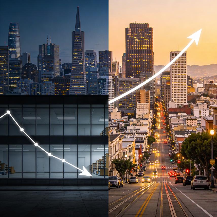 San Francisco cityscape shrinking amidst emerging electric purple and gold markets, with figures interacting with data interfaces.