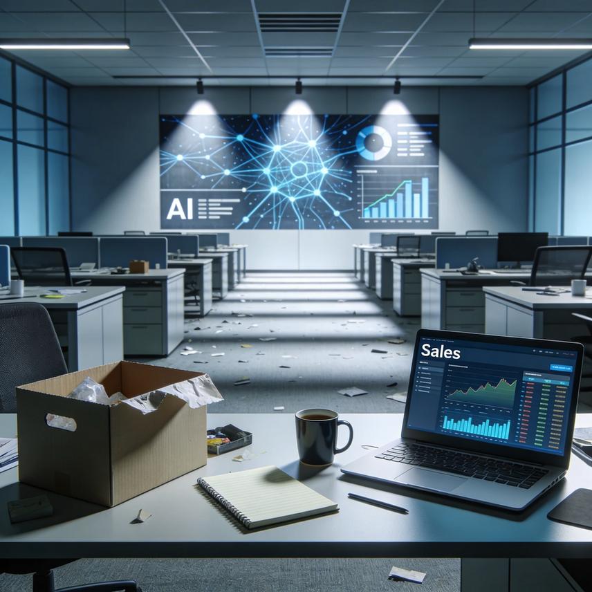 3D rendering of abstract figures in a corporate transition, with glowing structures and data streams indicating organizational restructuring and investment.