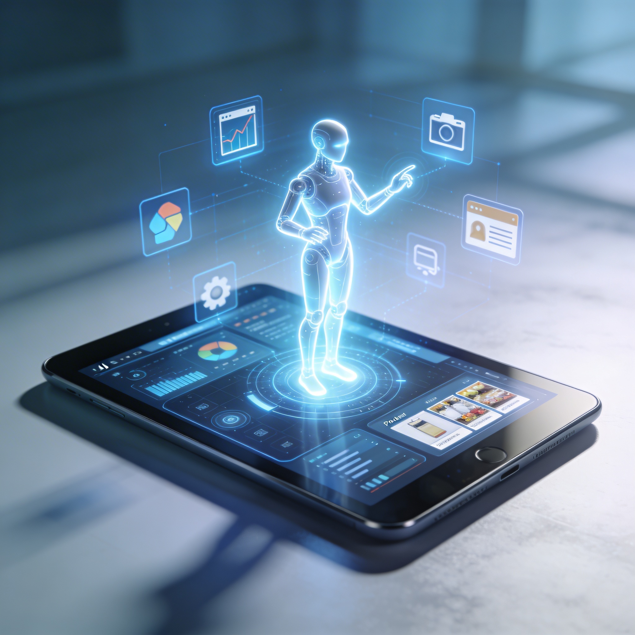 Humanoids interact with glowing AI agents representing virtual assistance and e-commerce tasks.