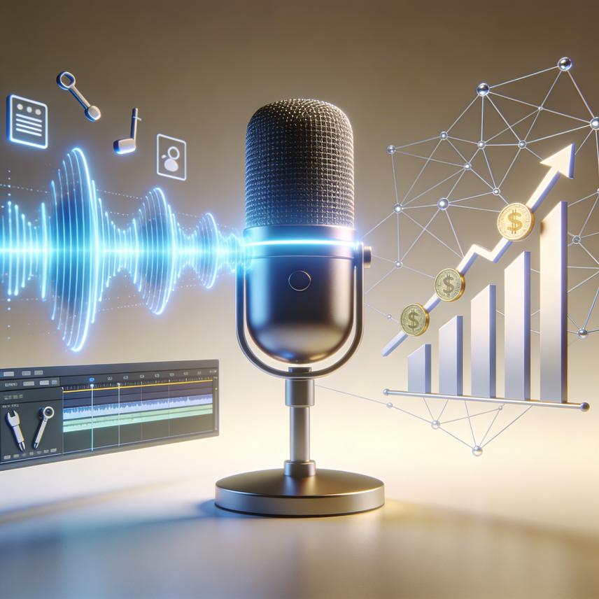 Abstract all-in-one platform with glowing accents and user figures, representing simplified recording, editing, and monetization.