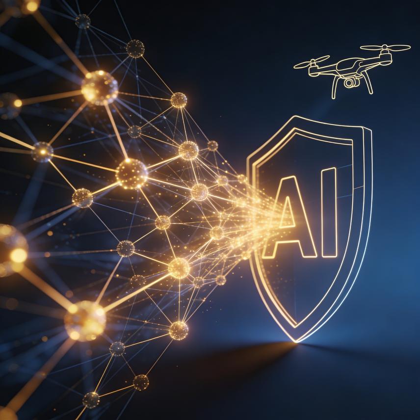 Humanoids interacting with AI software blocks, symbolizing modernization of defense and autonomous systems.