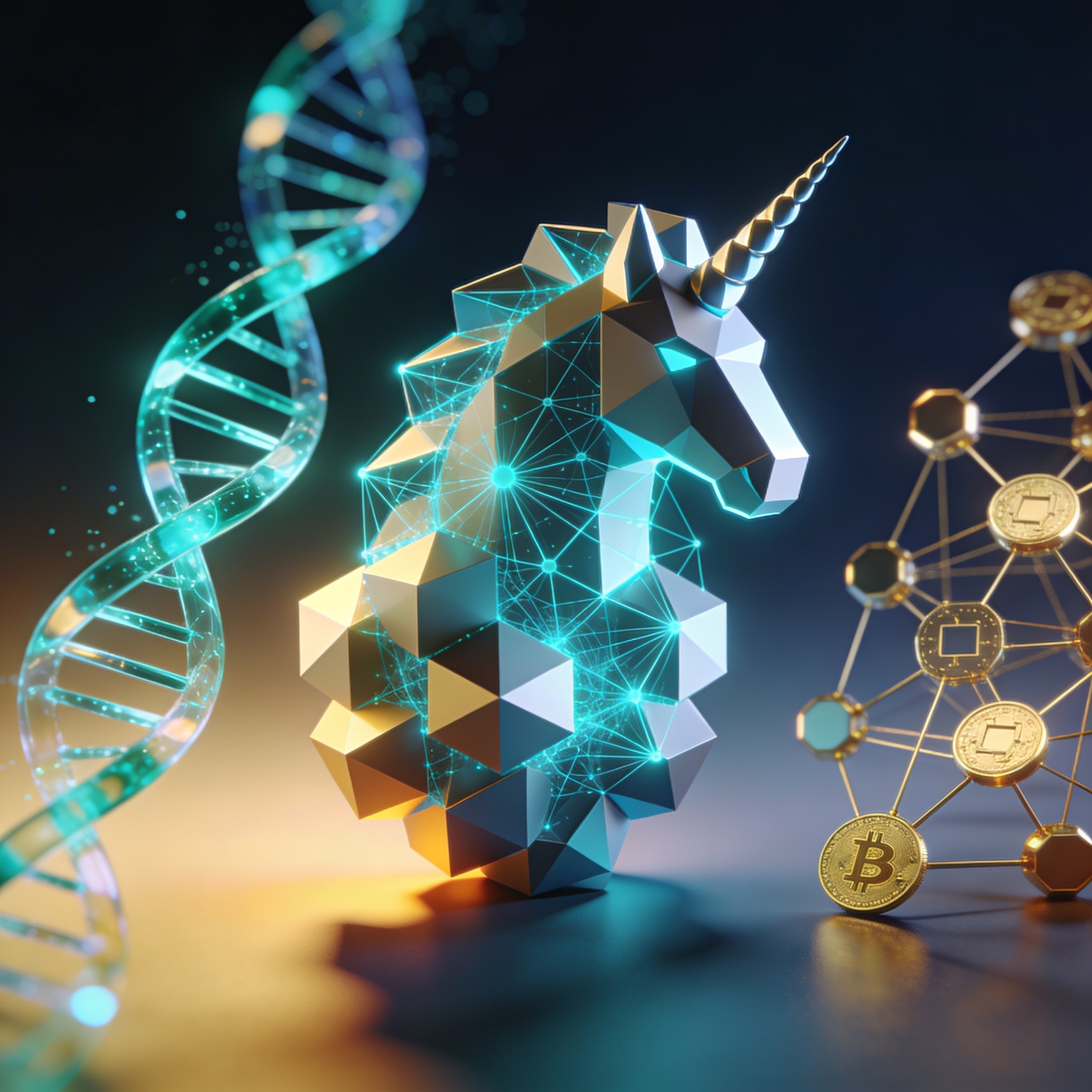 Digital landscape with purple billion-dollar valuation structures and AI interaction, highlighting health and crypto success.