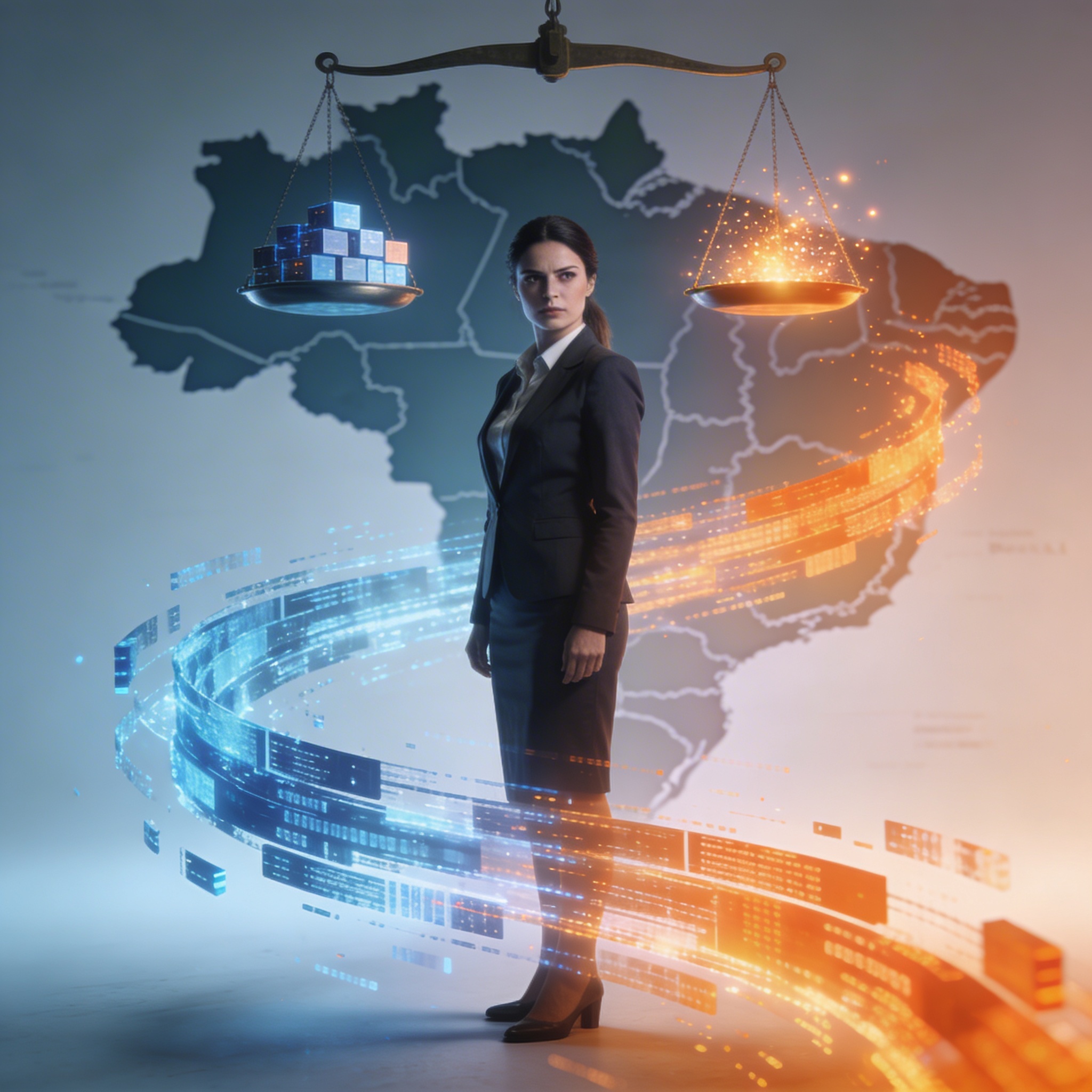 Humanoid figures with digital data visualizations representing employment and credit access on blue background