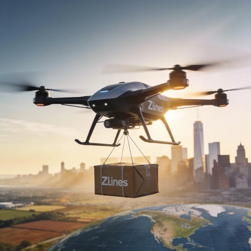 Autonomous drones delivering packages with neon accents across a blue landscape, symbolizing global reach and investment.