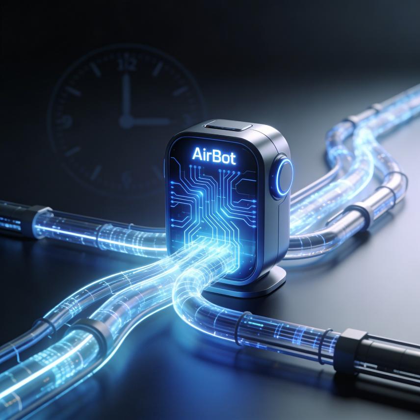 AirBot AI robot with glowing data pipelines, symbolizing automated problem-solving and efficiency.