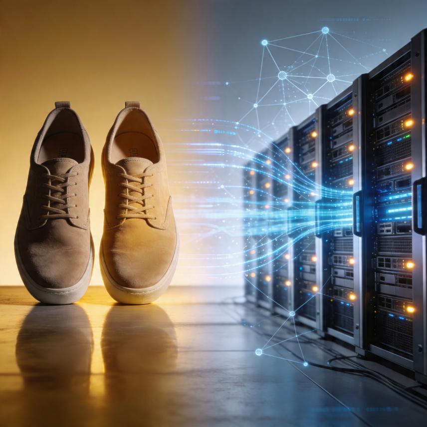 Transition from casual shoes to playful AI with glowing geometric shapes and humanoid figures