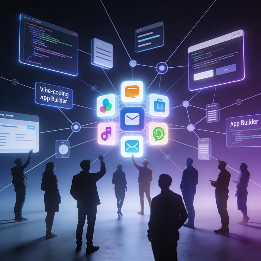 Humanoid creating app interfaces with holographic tools, democratizing app creation