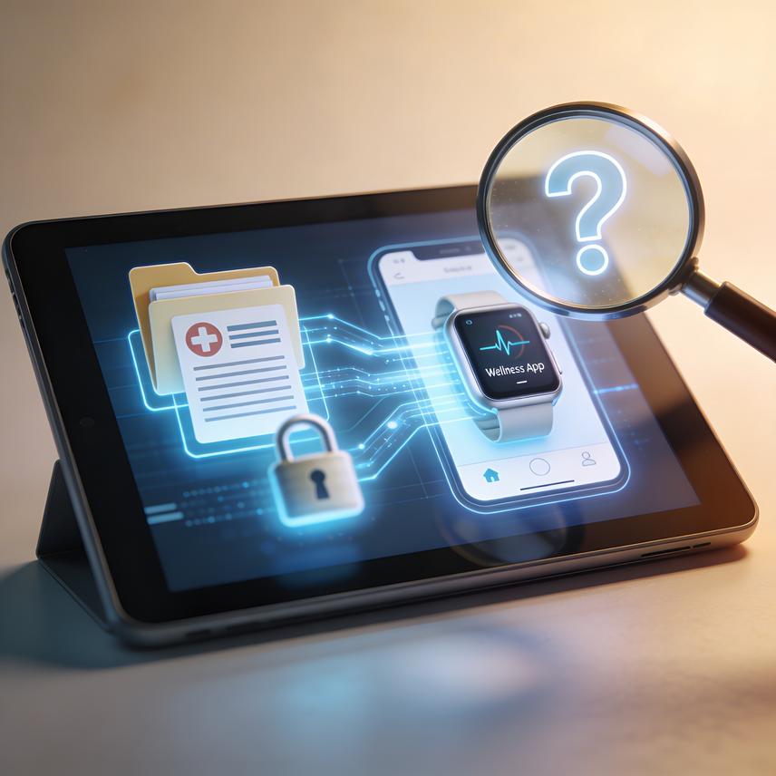 Stylized figures interacting with digital health data and privacy concerns on screens, representing personalized wellness guidance.