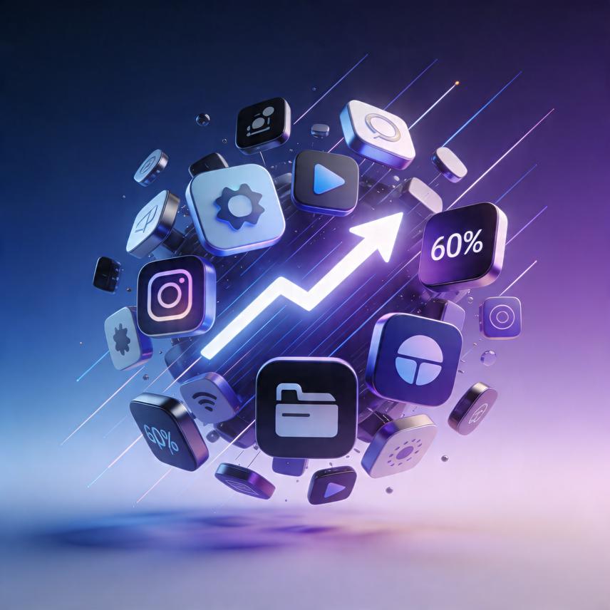 Abstract purple app blocks with neon accents and organic growth symbols, with a 3D figure interacting, symbolizing mobile app launch growth.