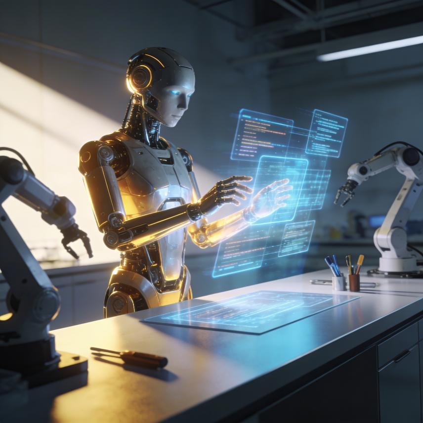 Stylized figures interacting with glowing geometric shapes, representing digital and physical realm integration.