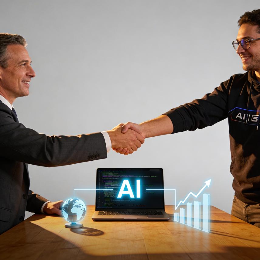 3D render of stylized figures interacting with AI brain and investment charts, symbolizing direct AI investment opportunities.