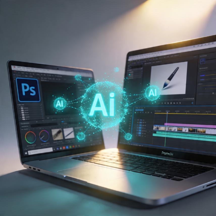 3D figures interacting with abstract creative tools and AI interfaces, visualizing creative workflow and output