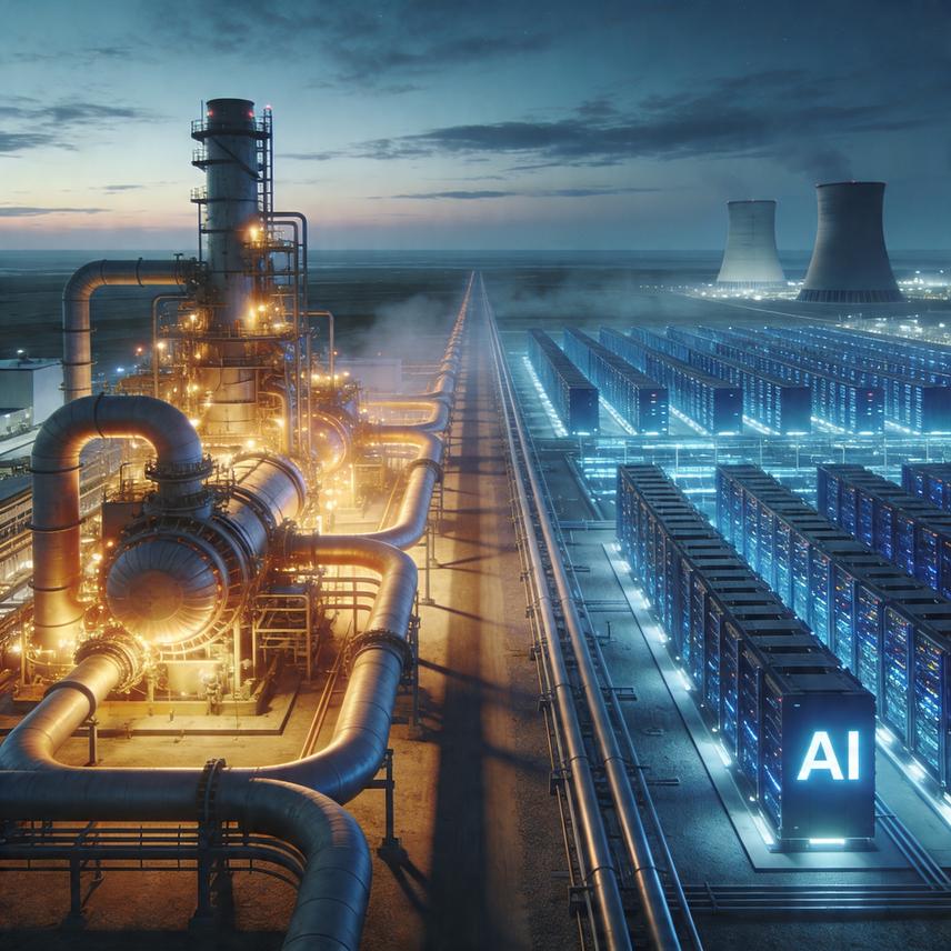 Digital landscape with 3D figures interacting with a natural gas plant, symbolizing AI data flow for a burgeoning data center and growing demand