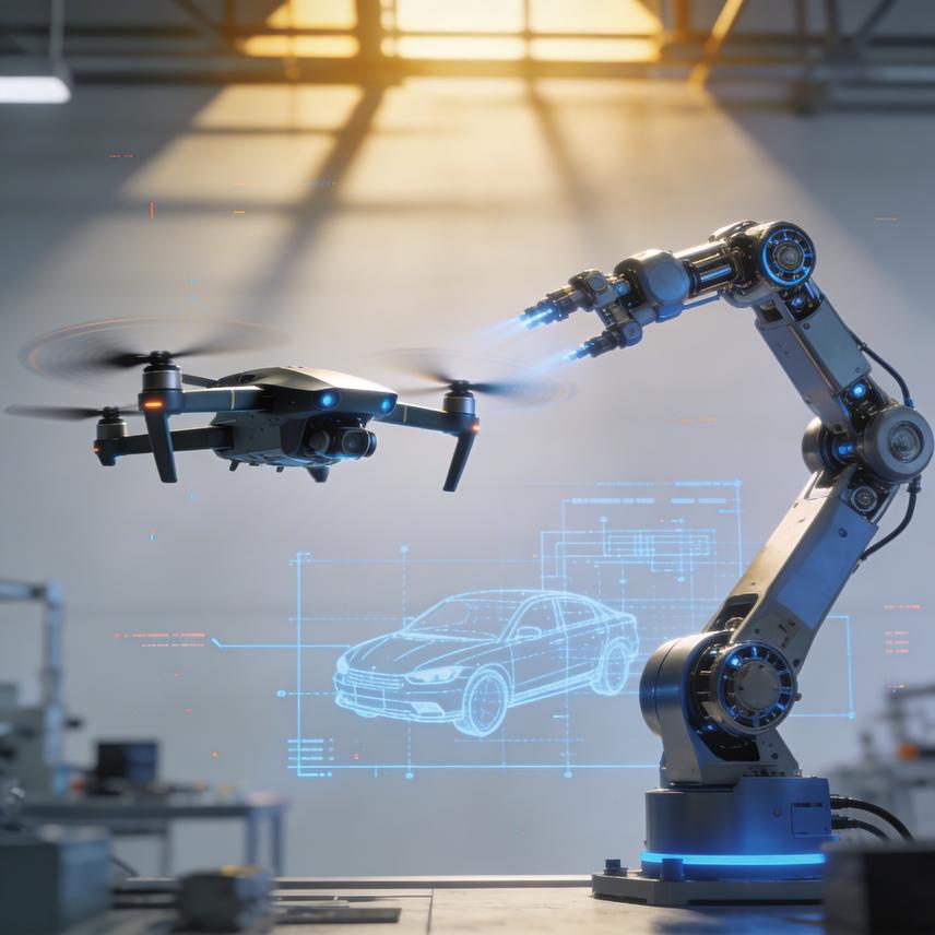 Abstract drone hovers over futuristic automotive gears, symbolizing innovation and advanced manufacturing.