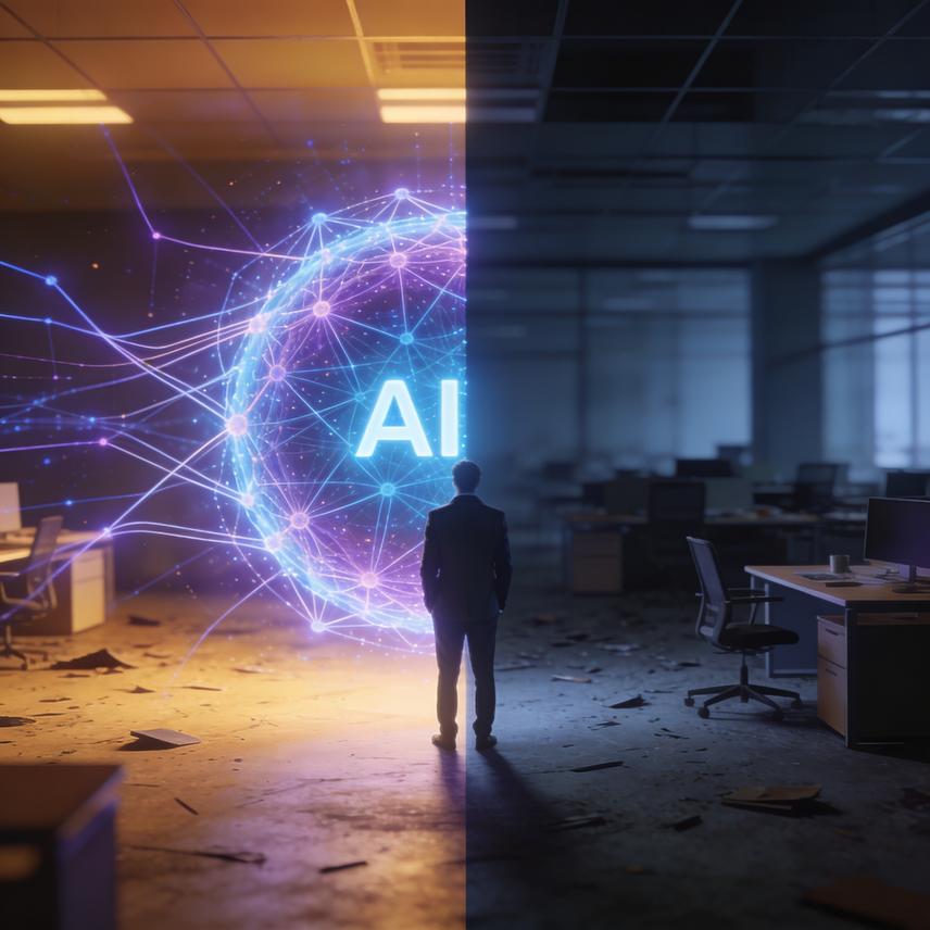 Stylized figures interact with glowing AI shapes surrounded by vibrant geometric blocks and golden technological infrastructure.