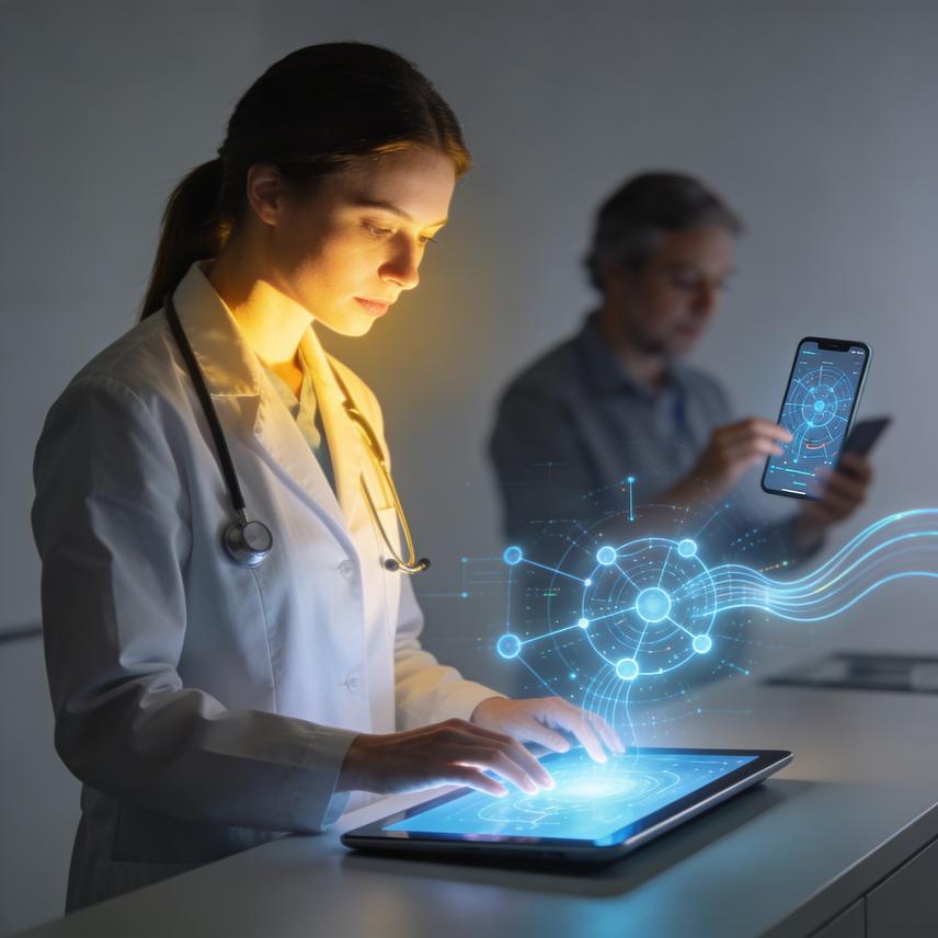 AI-powered automation optimizing patient interactions and clinical tasks in health startups with stylized 3D figures and UI elements.