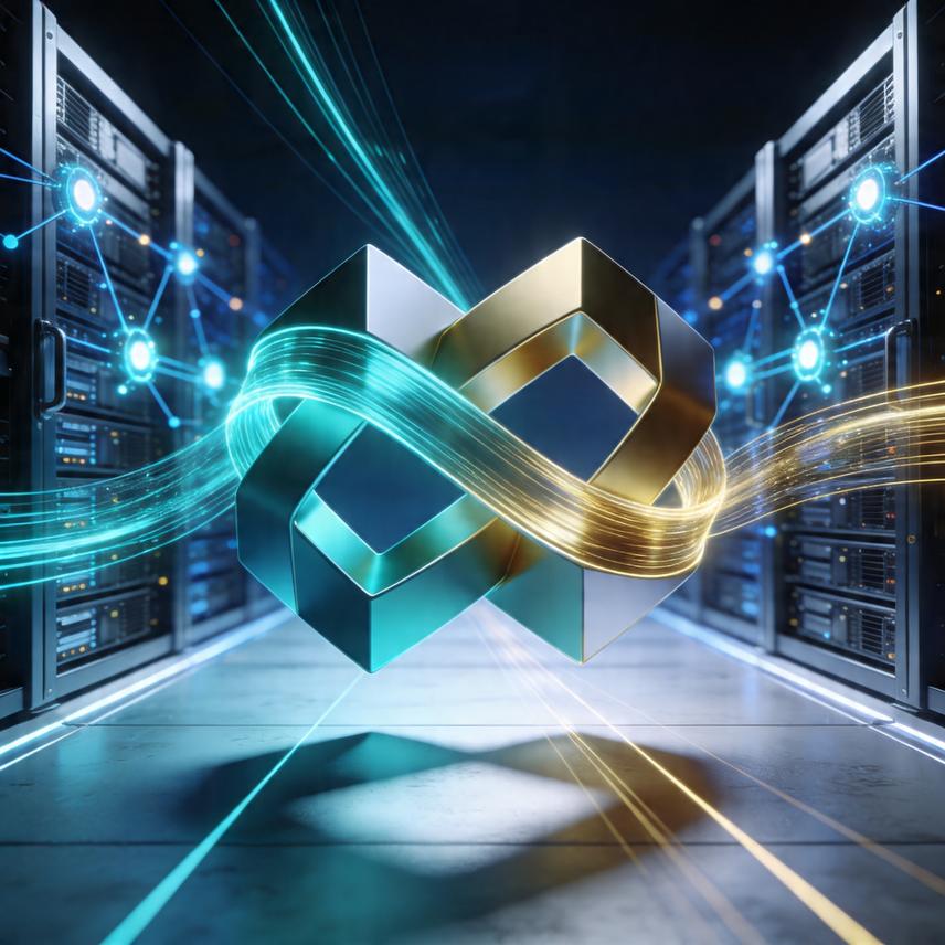 Abstract digital illustration of 3D figures collaborating in a cloud infrastructure network with glowing nodes and data flow.