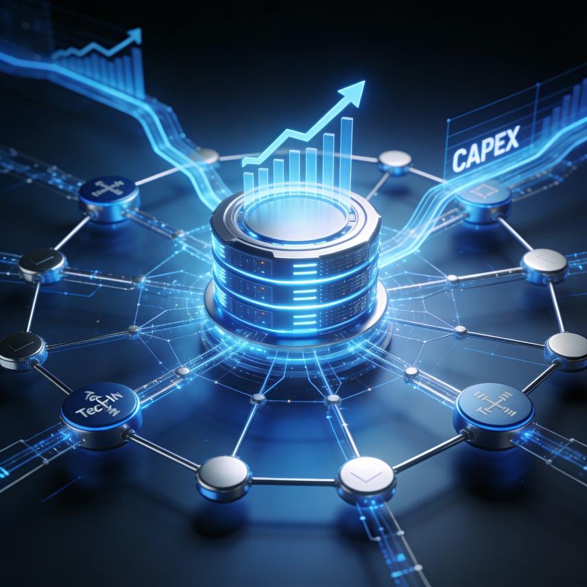 3D visualization of AI infrastructure, investments, and tech partnerships with glowing network blocks and data centers.