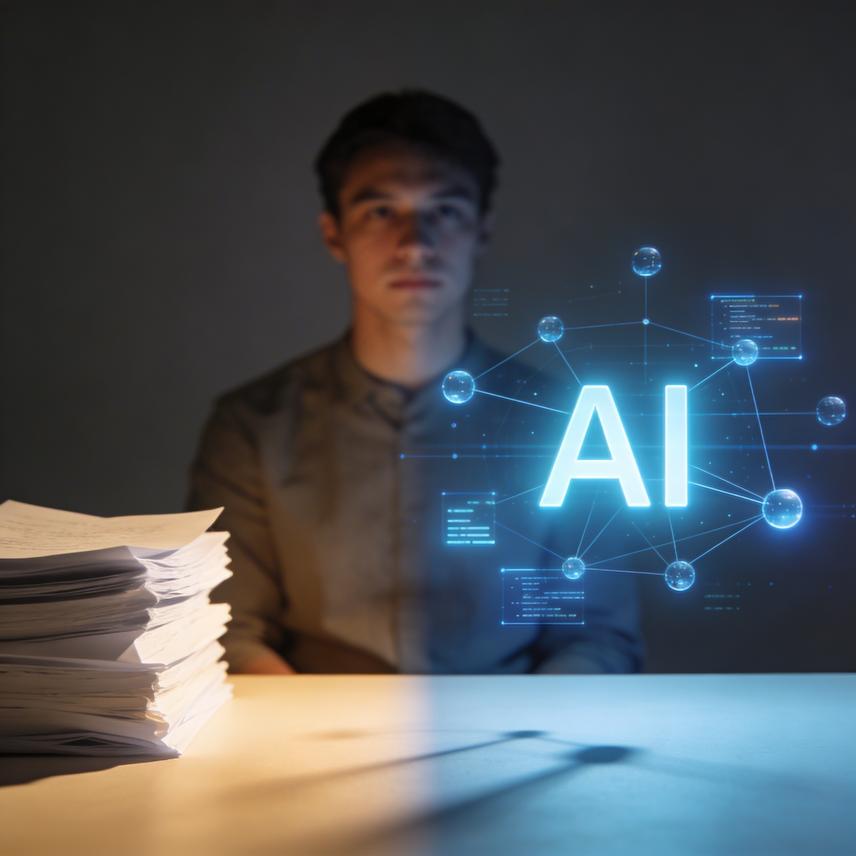 AI transitioning content moderation from human moderators, with glowing AI forms replacing consoles, against a deep blue background.