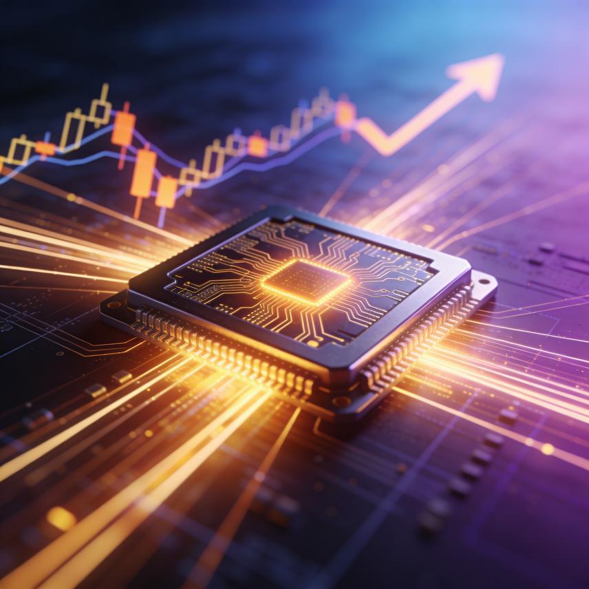 Humanoid figure reaching for stylized golden graph line signifying digital growth and AI ascension