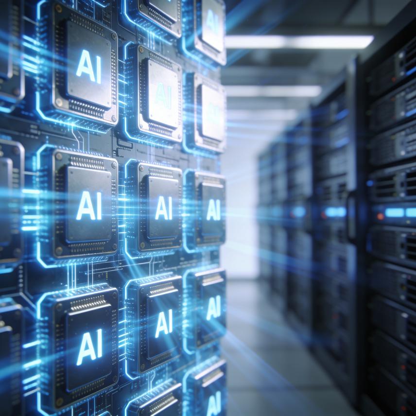 Stylized 3D render showing $122 billion financial transaction against OpenAI's $852 billion valuation with AI chips