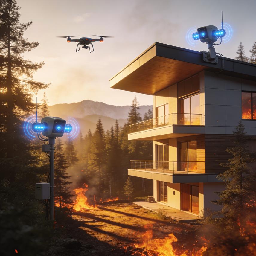 Vibrant 3D render of a home shielded by glowing layers symbolizing disaster resilience and property protection technology.