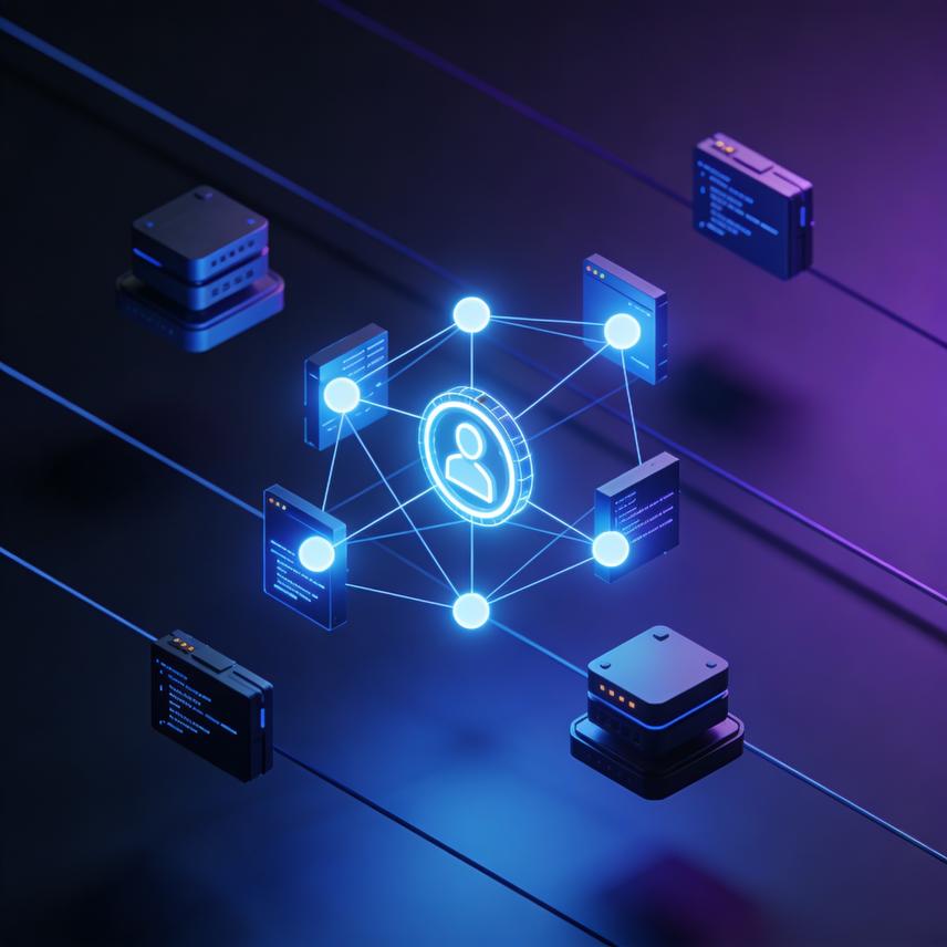 3D render of digital identity verification platform featuring secure holographic shield and data validation blocks