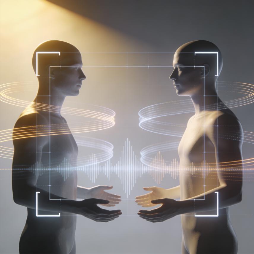 3D render of AI processing audio and video with glowing waves and neon accents