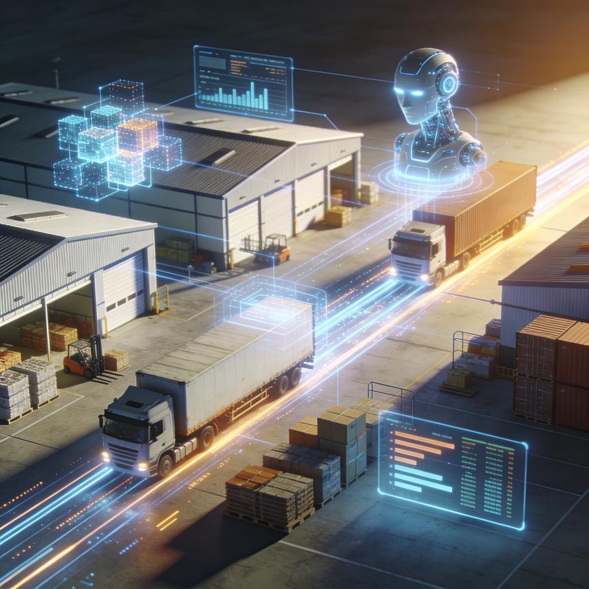 3D abstract supply chain network with glowing nodes, figures interacting with UI elements, symbolizing innovation and optimization.