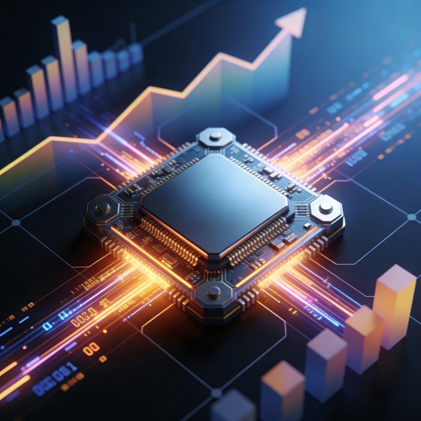 Polished 3D processor chip with data bubbles representing high-speed cryptocurrency token processing and economic growth.