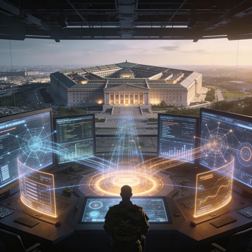 Abstract data streams flowing into a golden Pentagon, symbolizing AI-driven defense strategy and analysis.