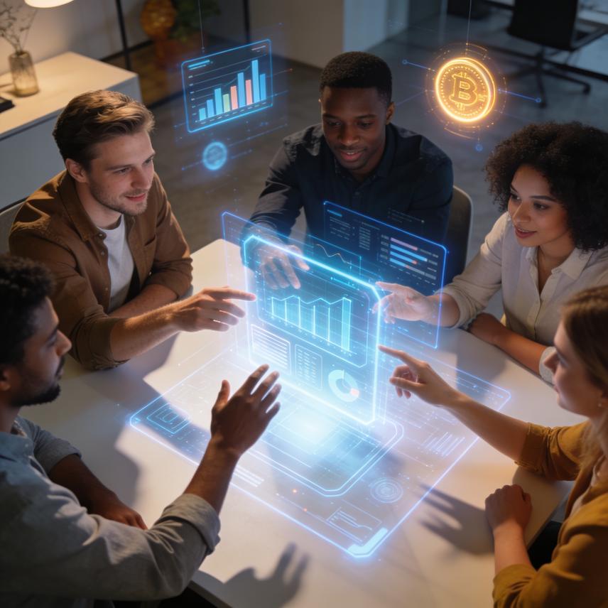 3D figures collaborate at a holographic console with floating tokens, symbolizing accelerated AI-driven development.
