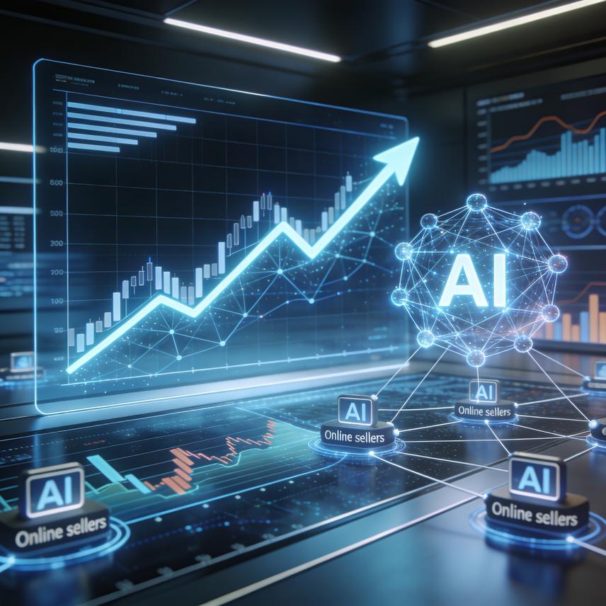 Stylized marketplace with AI elements, human figure reaching for abstract financial blocks for e-commerce scale-up.