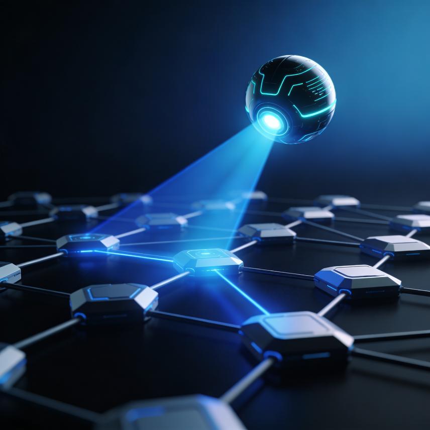 3D render showing investment growth with gold structures linked to green automated monitoring in a deep blue environment.