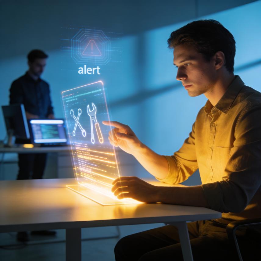 3D scene of tech workers interacting with AI and automation tools symbolizing digital transformation of the workforce.