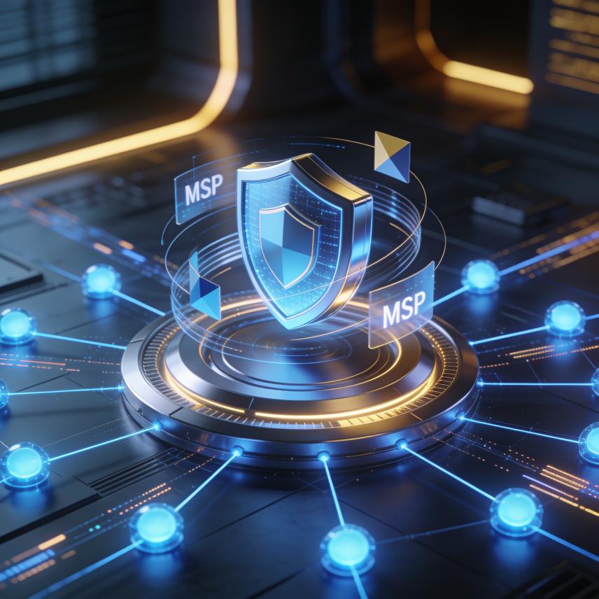 Futuristic 3D illustration of secure software ecosystem with investment growth linking managed service providers