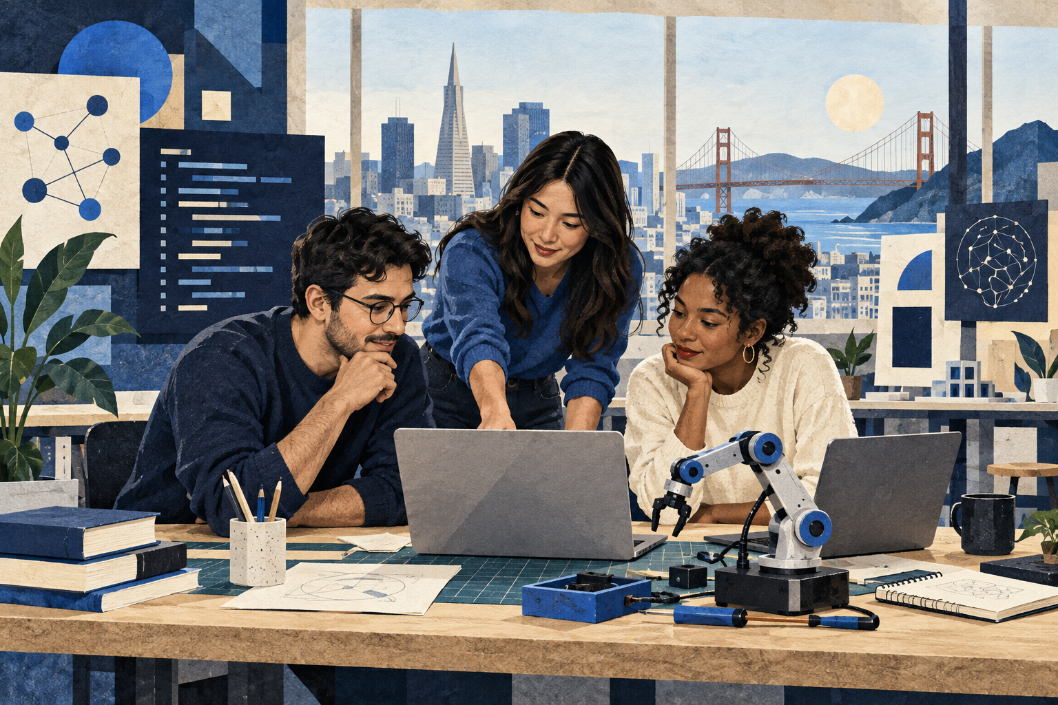 Ilustração de jovens colaborando com computadores e um braço robótico em San Francisco.