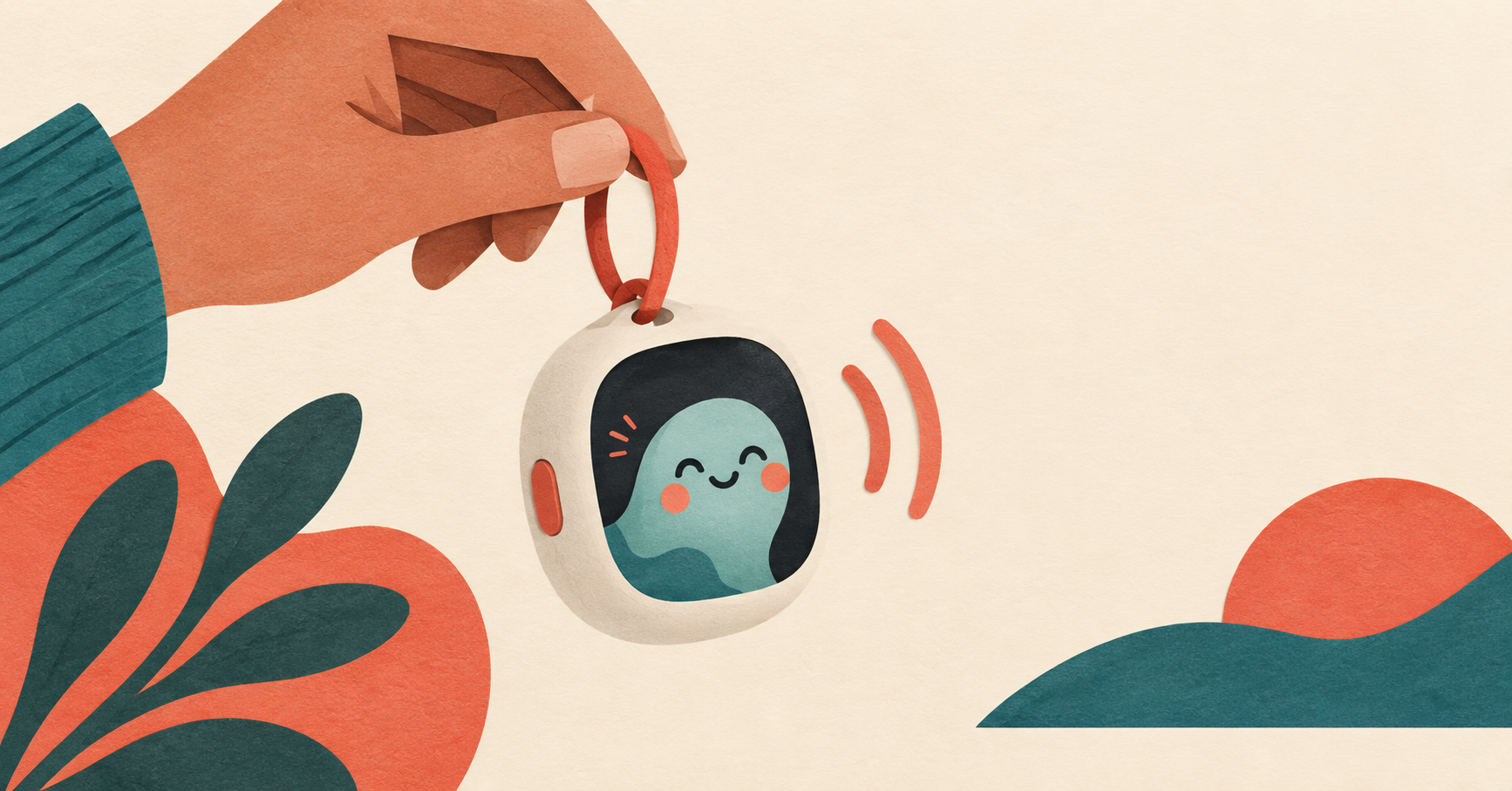 Ilustração conceitual de um dispositivo de bolso com personagem e interação por voz