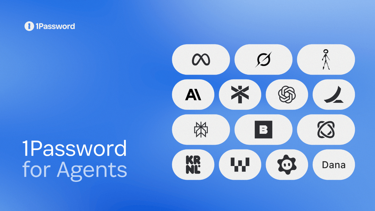 Arte de divulgação do 1Password for Agents com ícones de serviços de inteligência artificial.