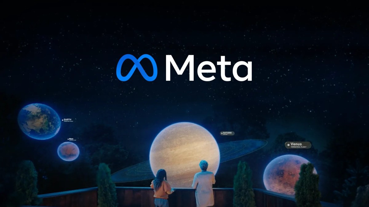 Logotipo da Meta sobre ilustração de um ambiente virtual com planetas.