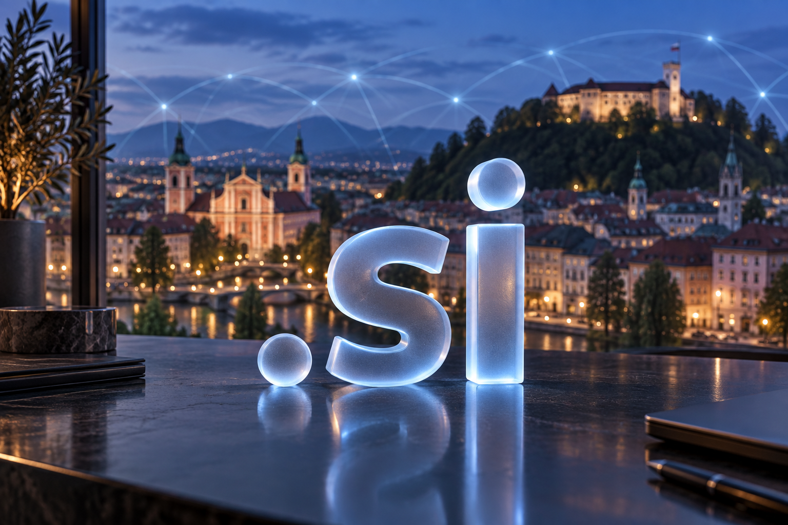 Ilustração gerada por IA do domínio .si em letras de vidro iluminadas, com paisagem inspirada em Ljubljana ao fundo.