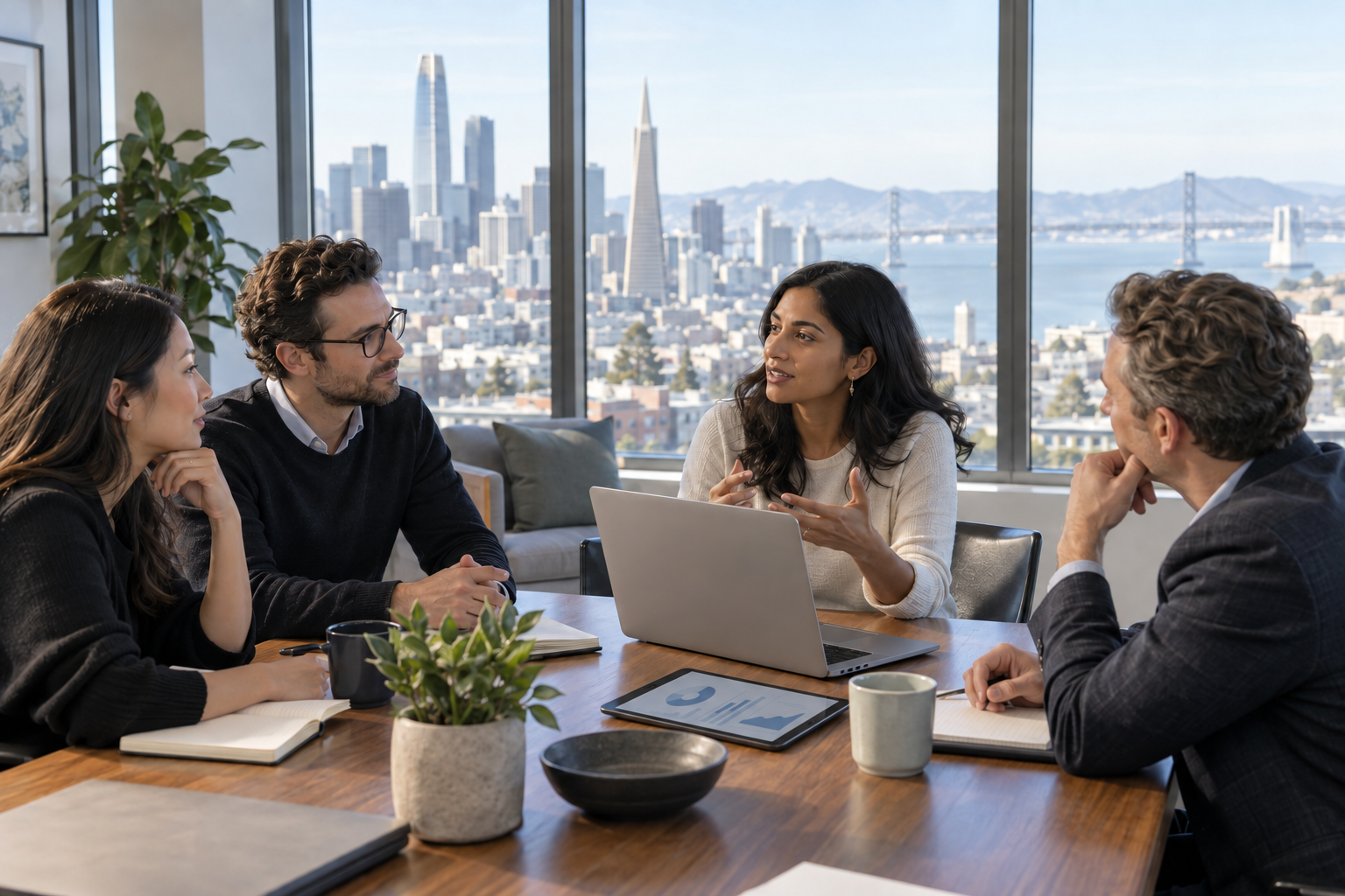Ilustração gerada por IA de investidores e fundadores reunidos em um escritório com vista para San Francisco.
