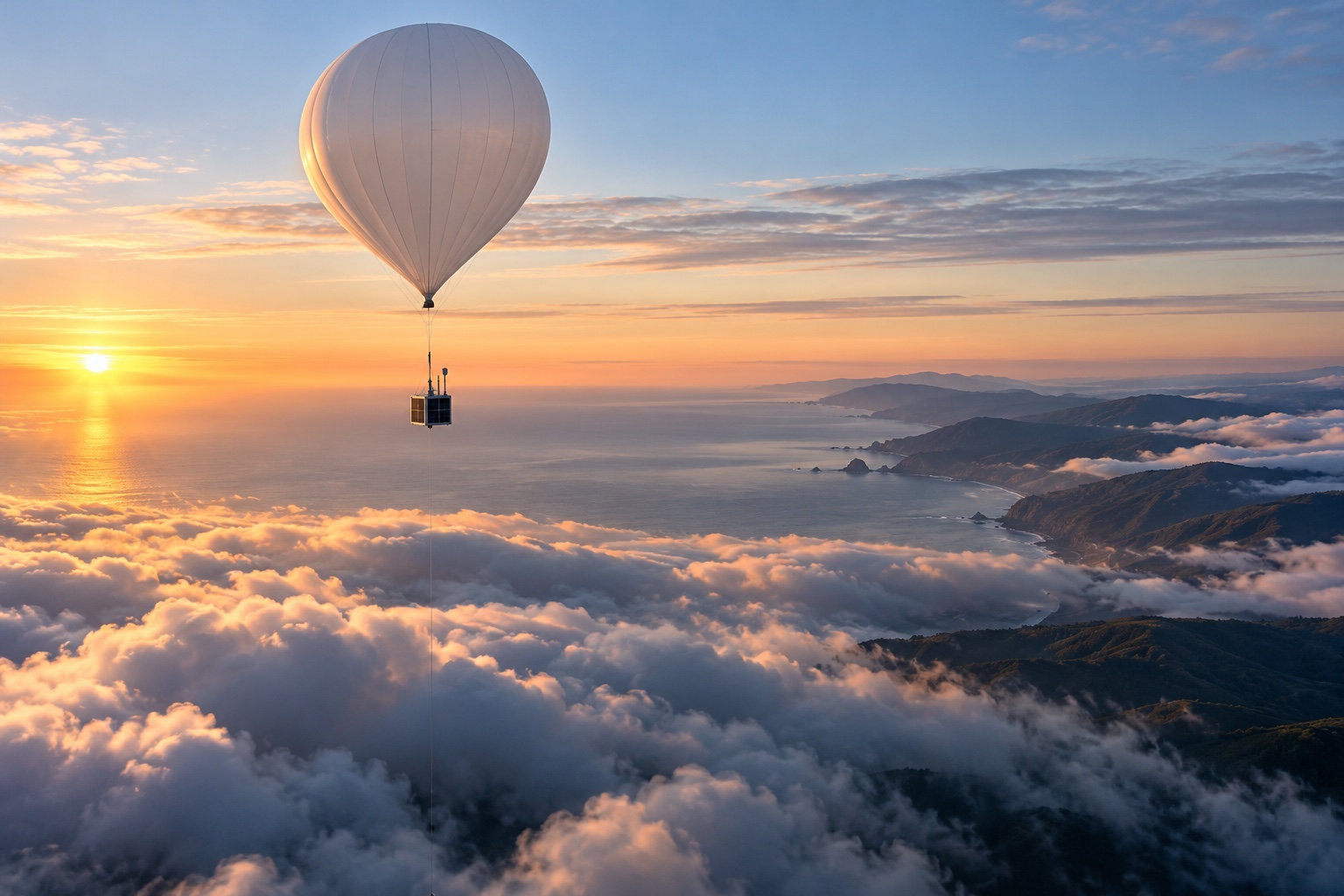 Ilustração gerada por IA. Balão meteorológico conceitual acima de nuvens junto à costa da Califórnia.
