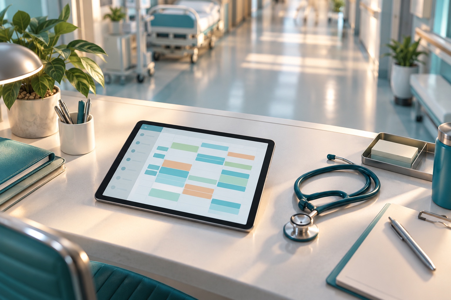 Ilustração gerada por IA. Tablet com agenda abstrata e estetoscópio em ambiente hospitalar ilustrado.